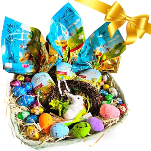 NARAMAKI Cesto Regalo di Pasqua 2025-3x25Gr Uova Gold Bunny + 200 Gr Ovetti di Cioccolato Assortiti + Appendino Pasquale + Mini Uova di Pasqua Decorative