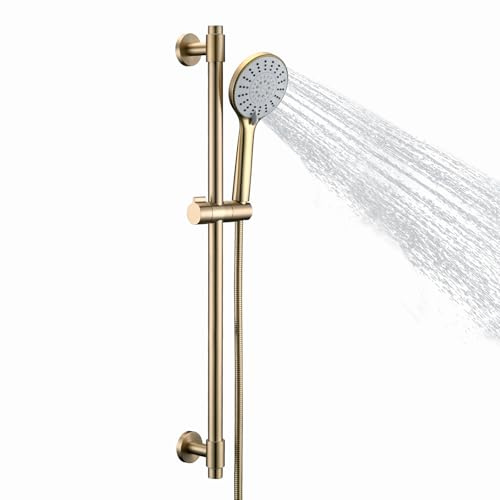YSNOL Verstellbare 76,2 cm Duschschiebestange mit 5 Funktionen, Handbrause aus Edelstahl, Wandhalterung, Duschschiebestange mit extra Schlauch (gebürstetes Gold)