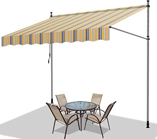 Jiubiaz Klemmmarkise Ohne Bohren, 250cm Breit, Balkonmarkise mit Handkurbel, Sonnenmarkise für Terrasse, höhenverstellbar, UV-beständig, Sonnenschutz, Manuell Einziehbar, Blaue und Gelb