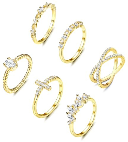 Dochais Gold Ring Set Damen | Wasserfest Stapelbare Ringe, 14K Vergoldete Zirkonia Diamant Ring Frauen, Knöchelringe Daumenring Fingerring Einfacher Statement Ring Gold Schmuck Geschenke, Größe 49-59