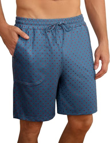 Demegimi Kurze Schlafanzughose Herren Schlafhose Sommer Pyjamahose Baumwolle Schlafshorts Pyjama Bottom Freizeithose Weit Loungewear mit Taschen Himmelblau