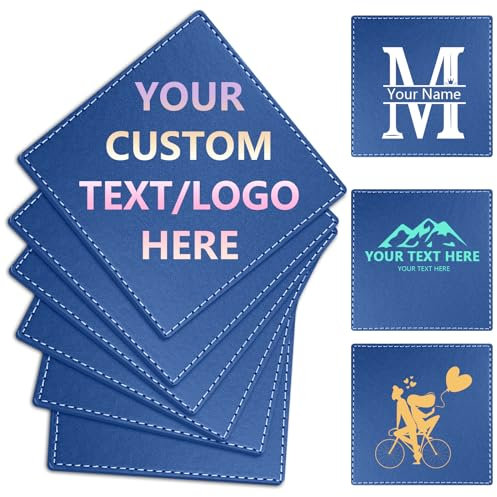 Personalisierbare Leder-Untersetzer – Set mit 6 Stück | DIY Name, Foto oder Logo Untersetzer für Couchtisch, Bar, Bier, Wein, ideales Einweihungsgeschenk, Blau