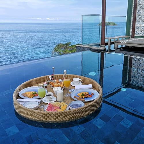 Round Floating Tray Drink Float Tray - Brown Woven Hot Tub Side Table for Drinks and Breakfast, Multipurpose Water Tray, 80 * 20Cm - Black.