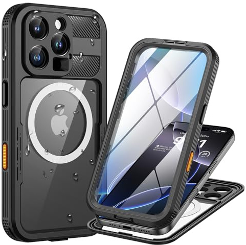 Lanhiem für iPhone 16 Pro Hülle IP68 Wasserdicht 360 Grad Outdoor Stoßfest | Schwarz,Wasserfest Schutzhülle,Waterproof,Handyhülle mit Displayschutz,Komplett Panzerhülle,Kompatibel mit Magsafe,Baustelle
