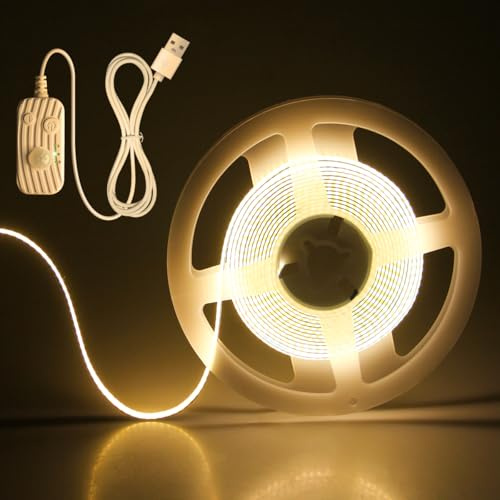 Aclorol 5 V USB COB LED-remsa 3 m rörelsesensorlampa inomhus varmt vitt 3 000 K rörelseaktiverad automatisk på/av dimbar LED-tejp med 1,5 m USB-driven kabel för trappor under sängen skåpbelysning 960