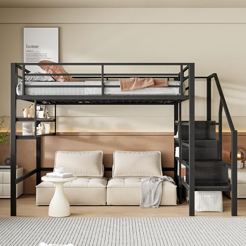 Arhatreya Lit mezzanine, 140 x 200 cm, avec échelle de rangement et étagères, avec balustrade, cadre de lit avec sommier à lattes, lit pour enfants et adolescents (sans matelas), en métal, noir