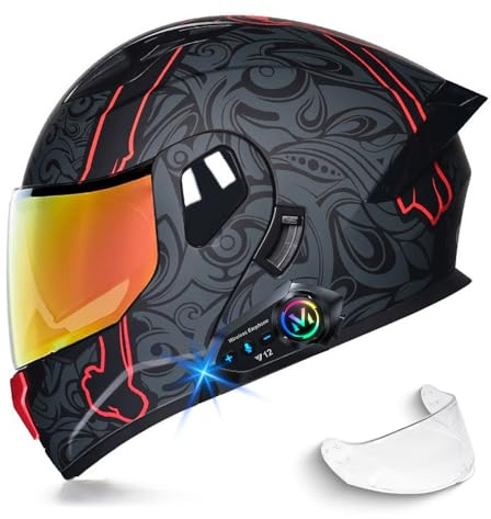RHBDDHV Motorradhelm mit Bluetooth, Integrierter Klapphelm, ECE 2206 Zertifizierung, Motorradhelm mit Anti-Fog-Doppelvisier, Sturzhelm für Erwachsene Männer und Frauen, M-XXL