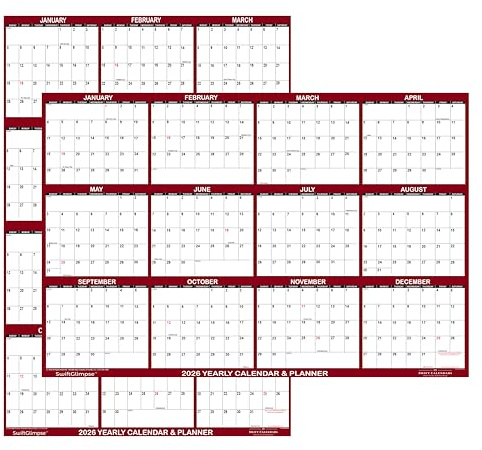 32 x 48 SwiftGlimpse 2026 Wall Calendar Erasable Jumbo XL Wet & Dry Erase Laminated 12 Month Annual Yearly Wall Planner, Reversible, Horizontal/Vertical, Maroon