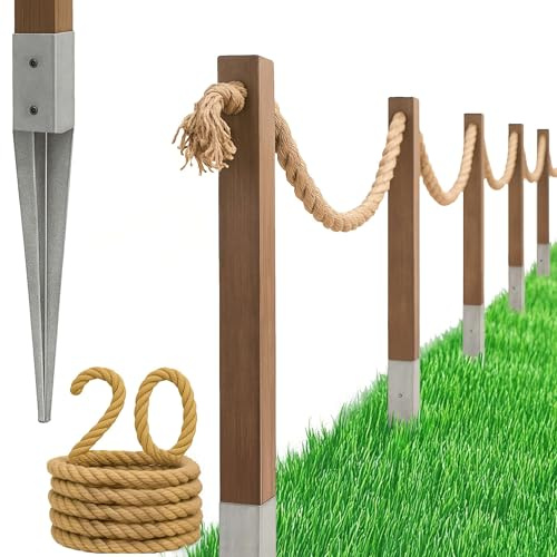 Kit de Clôture Nautique en Corde 20m pour Jardin, Inclut Corde, Poteaux et Ancres de Fixation, Hauteur 1m, Couleur Naturelle et Argent - Design Style Marin Extérieur