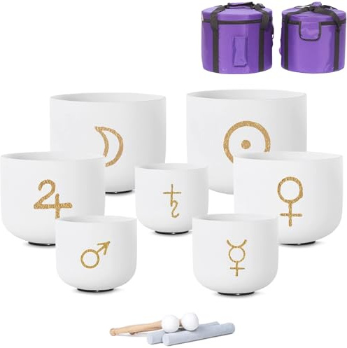 6-12 tums set med 7 st. klangskålar i frostad kvartskristall med symboldesign och fodral, klubba i mocka, ljudskålar for helande, mindfulness, meditation, yoga, ljudbad(440Hz)