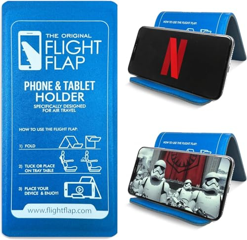Flight Flap Airplane Phone Holder - Foldable Phone Stand for Plane Travel | Aluminum Build, 9 x 4.3 in. Matte Blue Finish, Tabletop Mount Desk, Plane Tray Seat back, Treadmill, Fits iPhone Cell Phone