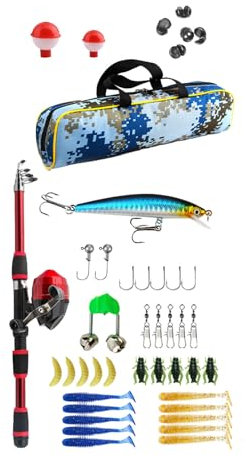 Poo4kark Angelruten-Set für Kinder, 1,8 m, Anfänger-Angelset mit Angelrolle Tragetasche in, Outdoor-Ausrüstung für Kinder Jugendliche (rot/blau) (A, 43x16x7cm)