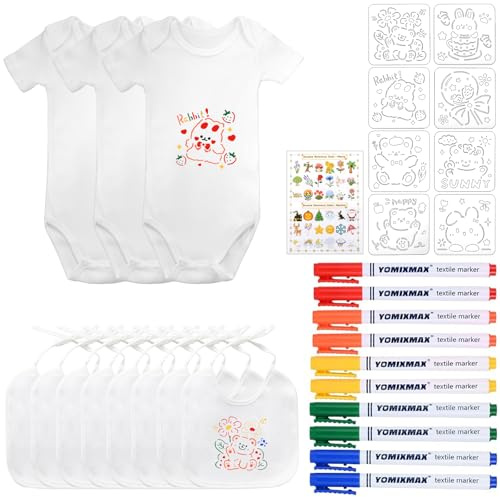 11 Stück Bunt Bodys zum Bemalen und Baby Lätzchen zum Bemalen 6 Monate | Kurzarm Body und Lätzchen Set mit Bunte Textilstiften und Schablonen für Babyparty Spiele DIY Babyshower Deko Gender Reveal