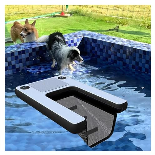 MZZKFC Leichte Hunderampe, 99 cm Breite, Aufblasbare, Schwimmende Wasserrampenleiter Für Große Hunde Für Pools, Wiederverwendbare Hundeplattform Mit Pumpe/Seil/Reparatursatz, rutschfest(Black)
