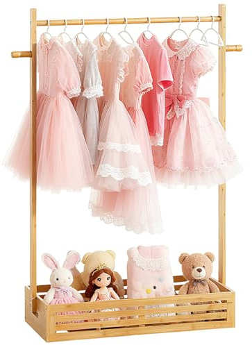 BAMBOOHOMIE Kids Clothing Rack for Toddler, Pets Clothes Rack with Storage Box & Hanging Rod for Dogs/Cats, Baby Clothes Closet Stand for Nursery Room (Natural - for Kids)