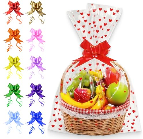 10 Stück Extra Groß Geschenkfolie Transparent Cellophantüten, 60x75 cm Zellophantüten, 10 farbige Schleifen, ideal für Geschenkverpackung, Blumen, Geschenkkörbe, Snack oder Dekoverpackung