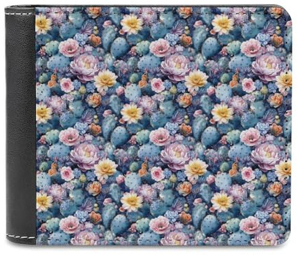 Novastar Slim Wallet for Men Leather - Cactus Flowers Print Small Thin Bifold Front Pocket Card Holder Wallet