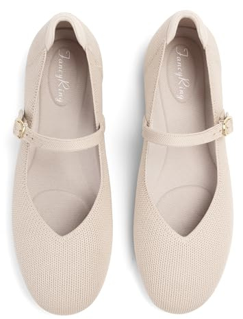 FancyRing Flats for Women Mary Jane Shoes Knit Round Toe Ballet Flats with Strap Womens Comfortable Work Flat,Size 8.5,Almond