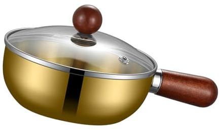 Amagogo Saucepan Soup Pot Compatible with All Cooktops with Wood Handle with Lid Portable Multifunctional for Heating Hot Milk Pot, 14 cm Gold