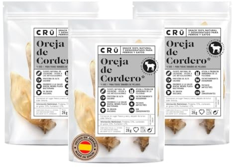 CRU - Orecchie di agnello per cani e gatti - Snack per cani 100% naturali - Cani per gatti che forniscono Omega 3 e promuovono la salute dentale (3 unità, orecchie di agnello)