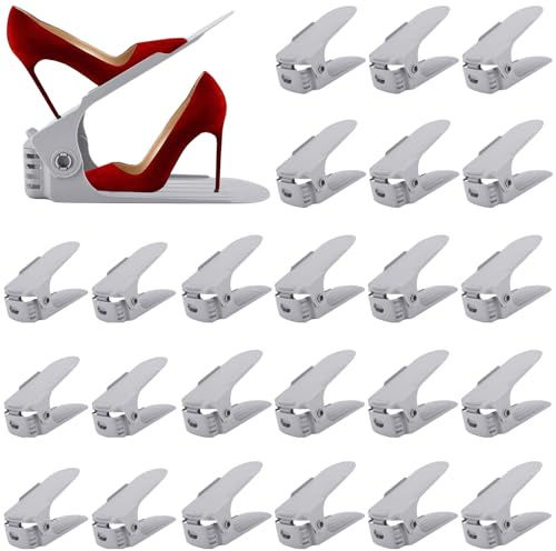 ZUSUZU 24 Stück Einstellbare Schuhregale,Schuhorganizer Schuhaufbewahrung Platzsparend,Rutschfestes Schuh Organizer,4 Höhenverstellbar,Platzsparend,rutschfest Kunststoff,Doppelschicht Schuhstapler