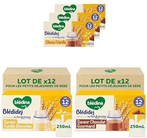 Blédina - Blédidej - Lot de 48 briques aux Céréales Lactées pour bébé - Dès 12 mois - Petit Déjeuner - Format Pratique 3 packs de 12x250 mL