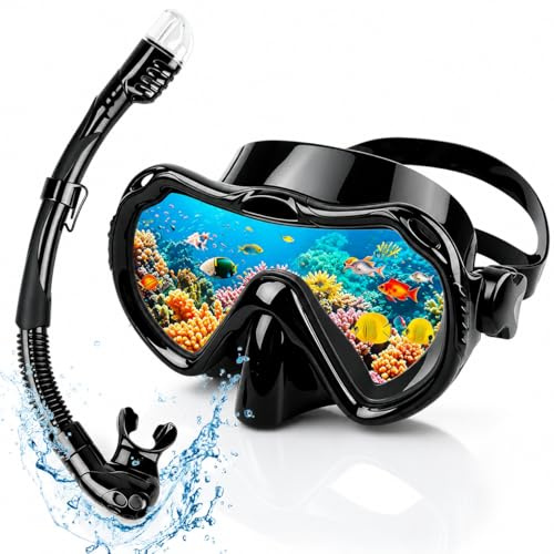 Snorkelset för vuxna, svart, dykglasögon med snorkling, anti-dimma snorklingsmask med 180° panorama-synfält, dykmask för män och kvinnor, för dykning snorkling simning, torrsnorkel