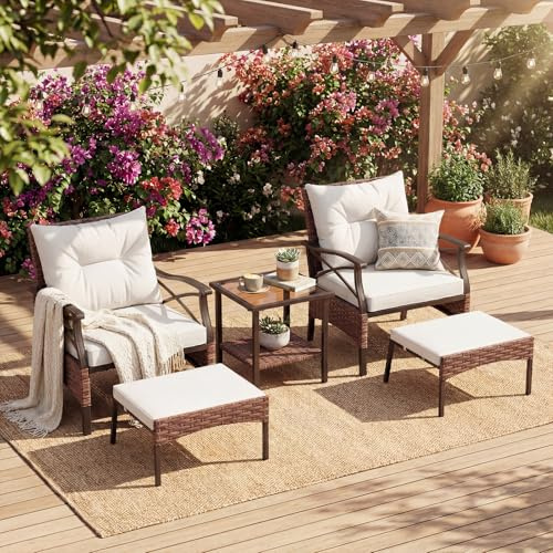 GIANTEX Conjunto Muebles Jardín Exterior de Ratán 5 Piezas, 2 Sillones, 2 Otomanas y Mesa de Vidrio, Cojines Extraíbles, para 2-4 Personas, Juego de Conversación para Patio Terraza (Marrón+Beige)
