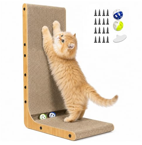 Xeticey Cat Scratcher L Shape 68cm Scratching Board Scratch Post Cardboard | Vertical Cats Scratching Pad for Indoor Cats Protecting Furniture, with Ball Toys*2