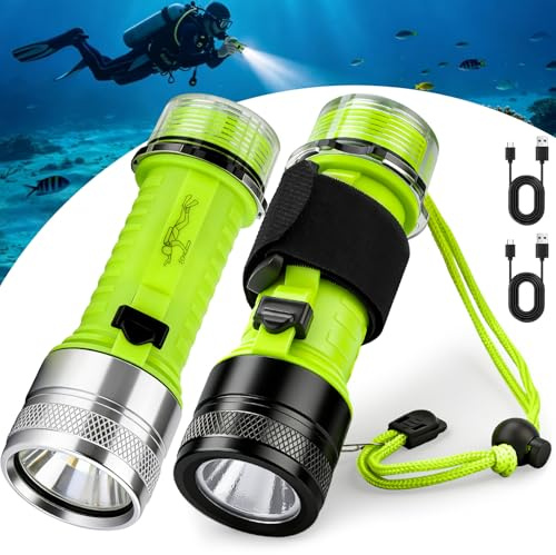 GoldHive Tauchlampe 2 Stück, IPX8 Wasserdicht Wiederaufladbar Unterwasser Taucherlampe mit 3 Modi, 1500 Lumen Tauchen Taschenlampe Taucherleuchte LED zum Tauchen, Schnorcheln, Angeln