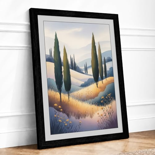 Cypress Path Through Hills Rustic Framed Wall Art Print A2 Black | Ready to Hang, Premium Giclée Paper, Fade-Resistant Inks, Securely Packaged, UK Made