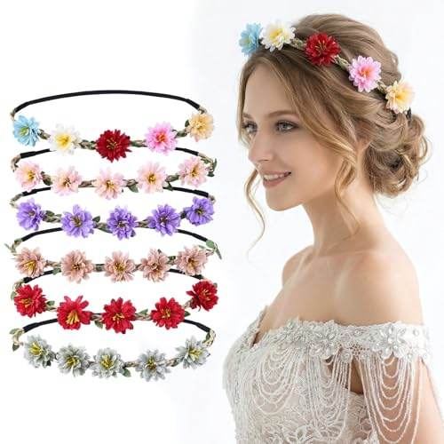 Blomkrona för kvinnor flickor, 6 st blomhuvudbonad boho blommigt pannband för bröllop, födelsedag, festivalfest, fotografering och daglig användning (stil B - pastell och uttalande)