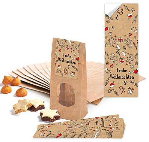 Logbuch-Verlag 25 kleine Gebäcktüten mit Fenster Kekstüten Gebäckbeutel Kraftpapier Weihnachten Verpackung Beutel für Lebensmittel 7 x 4 x 20,5 cm