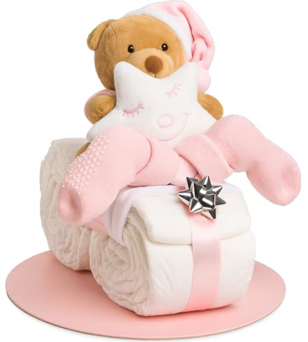 Tarta de pañales con forma de motocicleta en azul o rosa con peluche, regalo para niños o niñas, para fiesta de bebé o nacimiento