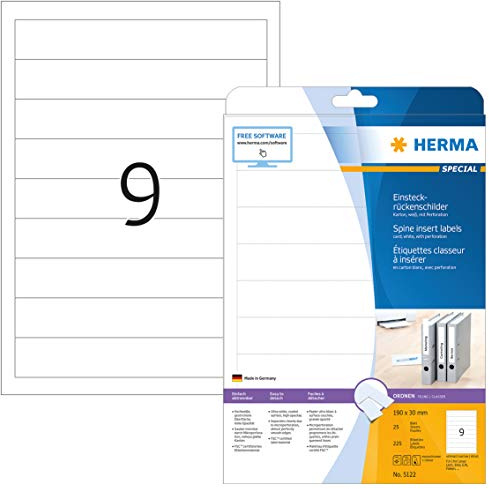 HERMA Rückenschild, zum Einstecken, Karton, schmal/kurz, 30 x 190 mm, weiß (225 Stück), Sie erhalten 1 Packung á 225 Stück