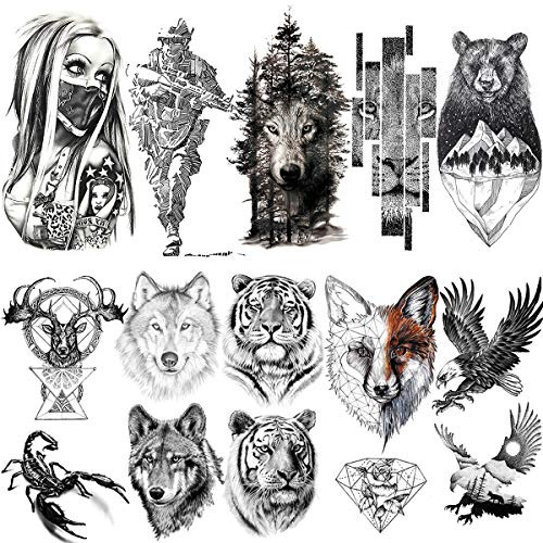 LAROI 10 Blätter Große Realistische Tiger Temporäre Tattoos Tiere Arm Soldat Erwachsene Frauen Skorpion Wolf Hirsch Elch Adler Bär Skizze Schwarz Tattooaufkleber Kinder Maenner