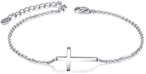 CHIC & ARTSY Cross Bracelet 925 Sterling Silver Sideways Cross Christian Bracelets for Women Faith Catholic Bracelet Religious Bracelets Adjustable
