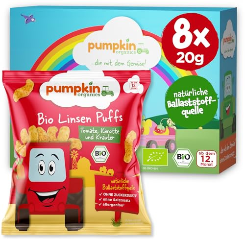 Pumpkin Organics Baby Bio Knabbersnack 8x Linsen Puffs Tomate Karotte | Linsenspaß zum Knabbern ab 12 Monaten, allergenfreier² und glutenfreier² Bio Kindersnack ohne Salz- oder Zuckerzusatz¹