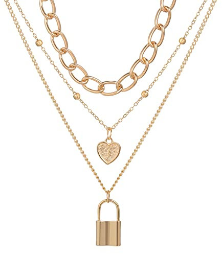 Rockyu Triple Layered Necklace for Women Gold Padlock Necklace Hip Hop Keys Heart Pendant Stainless Steel Chain Hypoallergenic Accessories, Stainless Steel, No Gemstone, Stainless Steel, No Gemstone