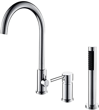 3 Loch Badewannenarmatur Wannenrandarmatur mit Ausziehbarem Handbrause Einhandmischer Wasserhahn Badewanne Gänsehaut wasserhahn mischbatterie badewanne Armatur für Badewanne-Chrom