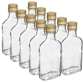 DIAH DO IT AT HOME 20 x Flask Glasflaschen 200ml mit Metall Schraubverschluss Twist on Deckel - Home Brewing Gin Öl Essig Wein Wodka - 20 x 200ml Flask Bottle + Gold Schraubverschlüsse