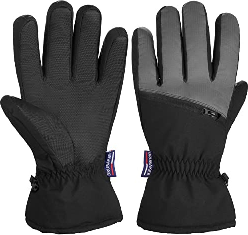 BRUBAKER Skihandschuhe Wasserdicht und Winddicht mit Reißverschluss Tasche | Winterhandschuhe für Herren und Damen - Extra Warme Snowboardhandschuhe - Thermo Handschuhe für Snowboard - Schwarz Grau