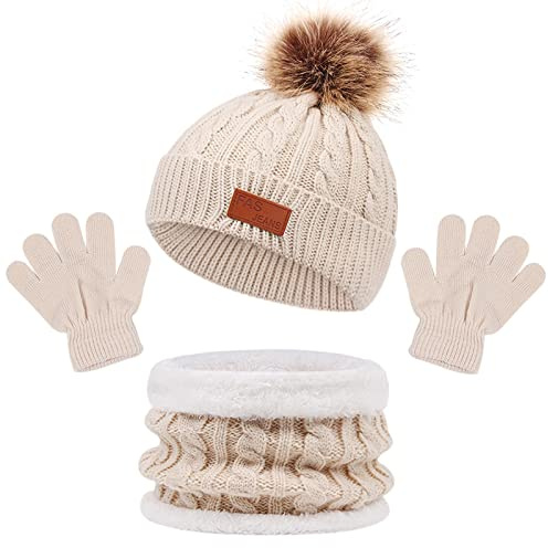 Echarpe et Gants Ensemble Bonnet, Enfant Hiver Tricoté Tour de Cou Chaud Bébé Gants Bonnet, Hiver Accessoires Ensemble Set de 3 Pièces, pour Fille Garçon 1-5 Ans Tactiles et écharpe (Beige)