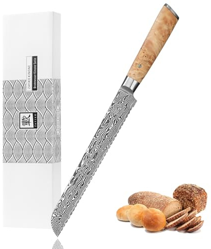 zayiko Kinone Brotmesser 23 cm, Damaststahl mit VG10-Kern und Wellenschliff | Brotschneidemesser für Brotlaibe & Baguette; 67 Lagen, einseitiger 15°-Schliff, 60±2 HRC, Birkenwurzelholzgriff, Geschenkbox.