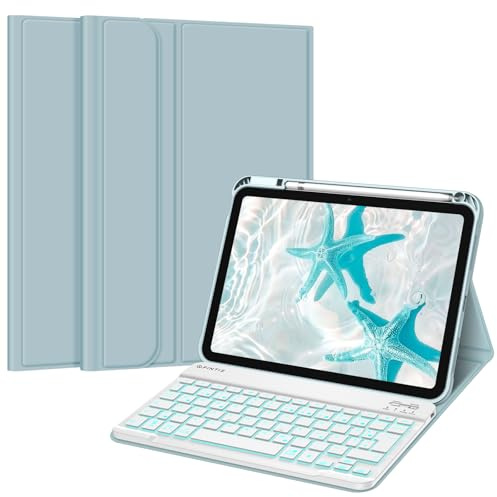 FINTIE Hülle mit Tastatur für iPad A16 11 Generation/10 Gen (11/10.9 Zoll) | 7-farbige Hintergrundbeleuchtung, Magnetisch abnehmbare, deutsche Bluetooth-Tastatur Hülle mit Stifthalter, Eisblau