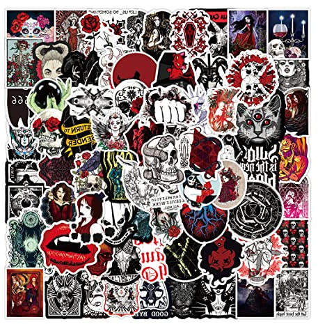 Jagowa 100PCS Gothic Stickers - Waterproof Punk Horror Thriller Stickers for Notebook, Laptop & Luggage - Red & White