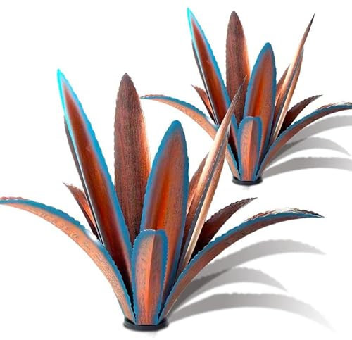 Lot de 2 agaves épaisses en métal résistant au vent - Décoration extérieure - 12 feuilles bleues