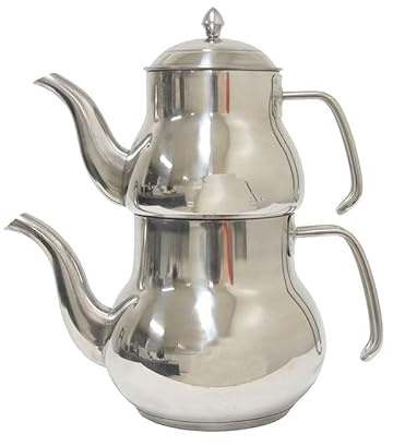 Traditional Persian Iranian Russian Middle Eastern Arabic Turkish Induction Korkmaz Double Tea Kettle Thick Stainless Steel Top Teapot 2-Pc Set 2-Liter + 1 Liter Pot Samovar Chai