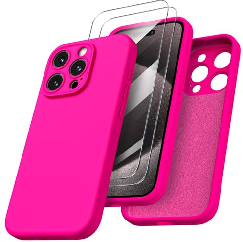 ORNARTO Cover per iPhone 15 pro Silicone 6.1 Pollici, con 2 Pellicola Vetro Temperato, Morbido Silicone Liquido Protezione, Antiurto Ultra-Sottile Protezione Custodia iPhone 15 pro-Rosa Caldo