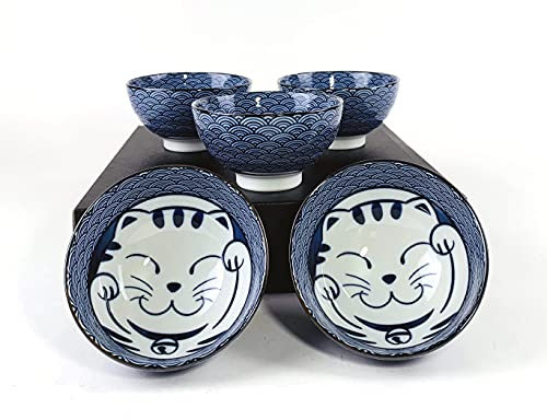 JapanBargain Maneki Neko 4692 - Juego de 5 cuencos de porcelana japonesa, cuencos de sopa y cuencos de arroz, en caja de regalo, fabricado en Japón
